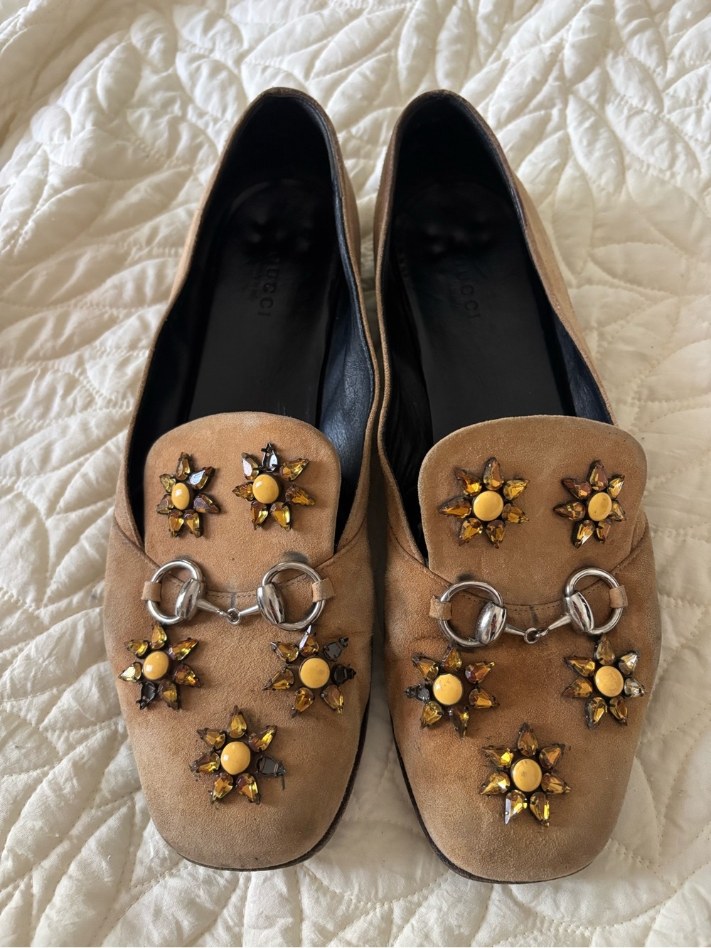 Gucci Tan Suede Horsebit Loafers with Yellow Jewel Flower Accents